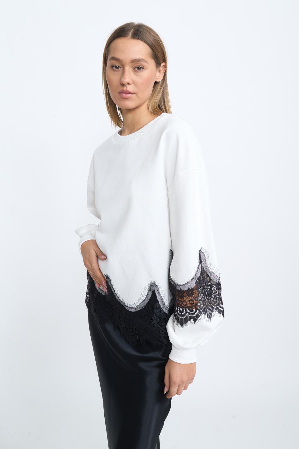 Felpa decori pizzo panna/nero - Autunno - Inverno 2025 | Brend