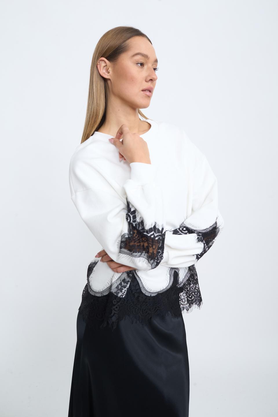 Felpa decori pizzo panna/nero - Autunno - Inverno 2025 | Brend
