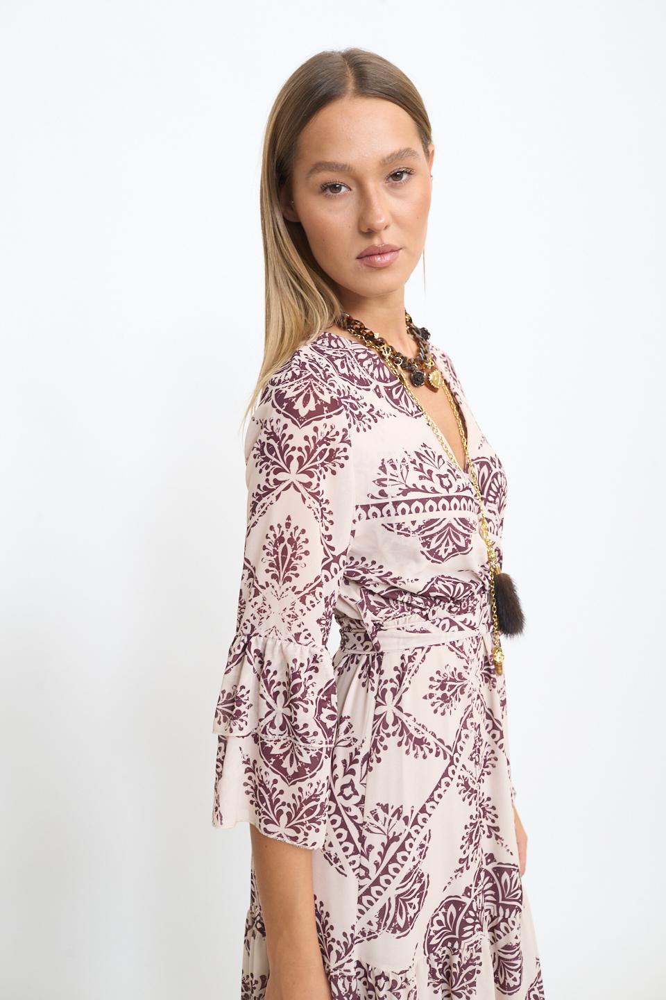 Abito incrocio georgette fantasia foulard vino - Autunno - Inverno 2025 | Brend