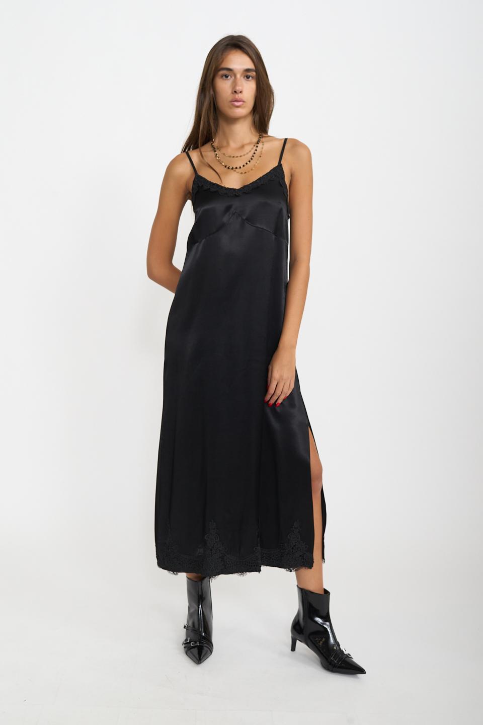 Abito inserti pizzo e spacco nero/nero - Autunno - Inverno 2025 | Brend