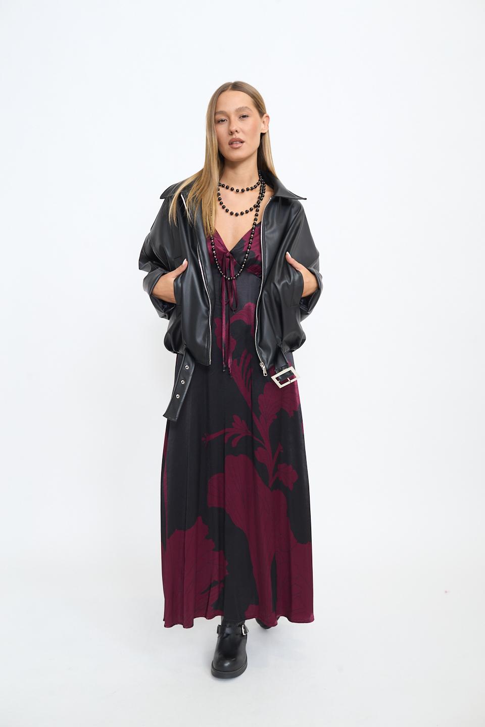 Abito lungo raso fantasia fiore burgundy - Autunno - Inverno 2025 | Brend