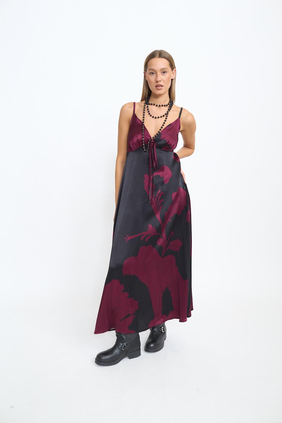 Abito lungo raso fantasia fiore burgundy - Autunno - Inverno 2025 | Brend