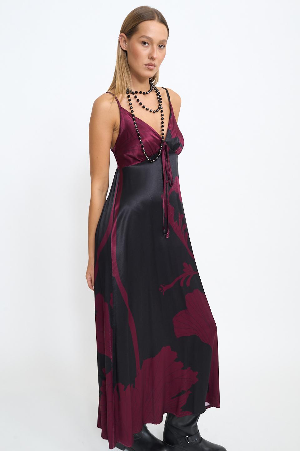 Abito lungo raso fantasia fiore burgundy - Autunno - Inverno 2025 | Brend