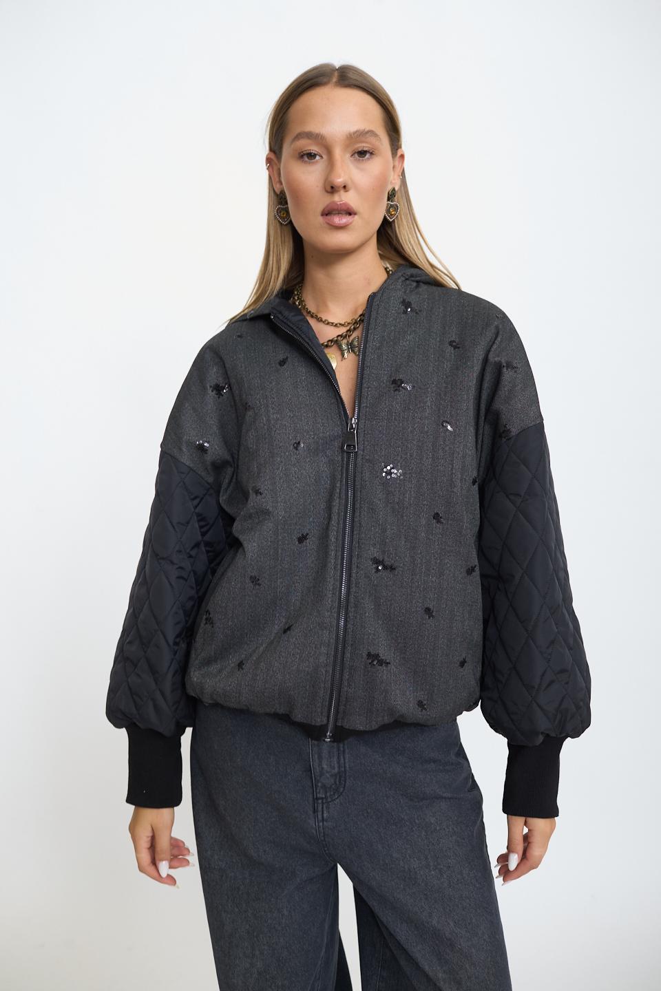 Bomber trapuntato ricami paillettes grigio/nero - Autunno - Inverno 2025 | Brend