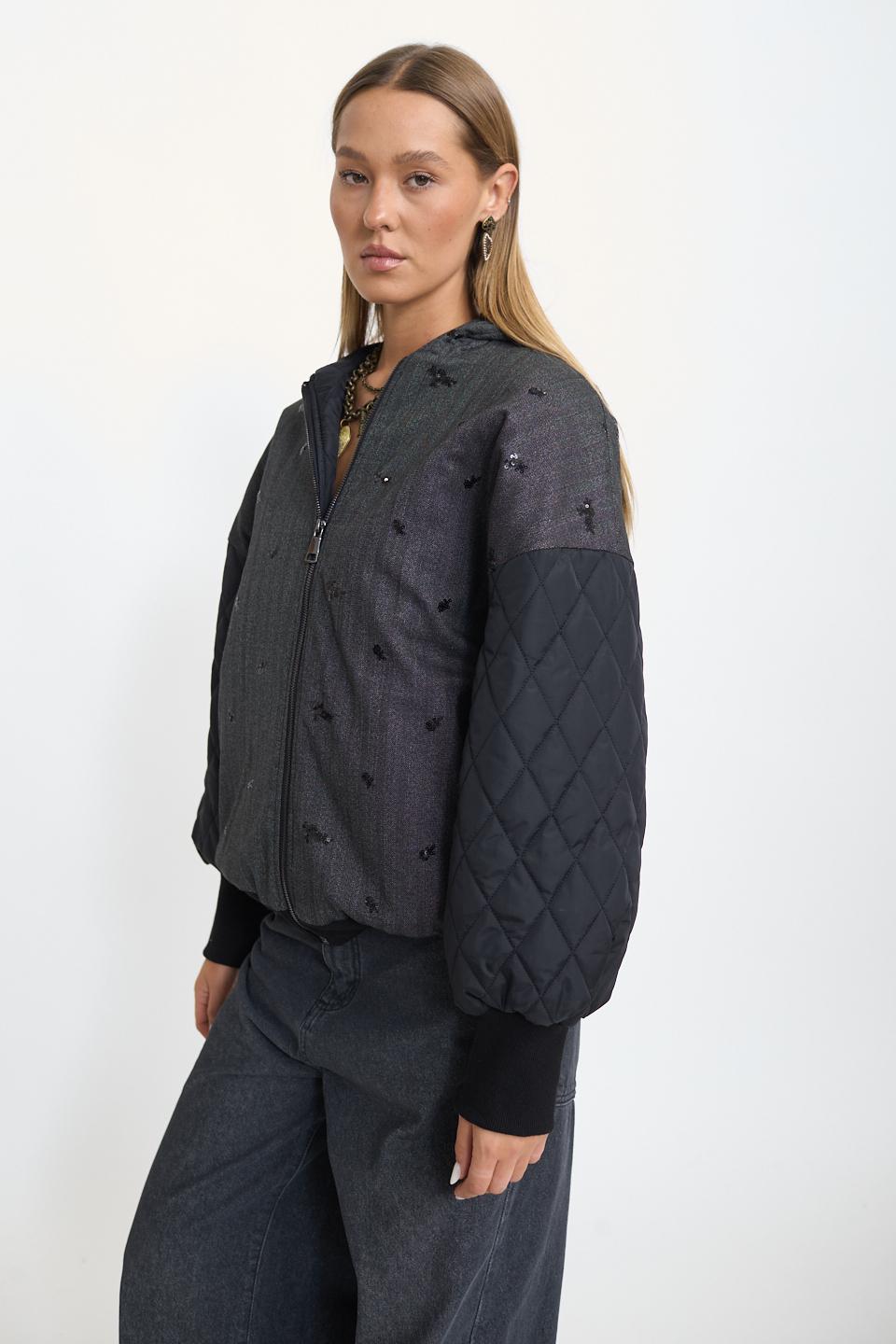 Bomber trapuntato ricami paillettes grigio/nero - Autunno - Inverno 2025 | Brend