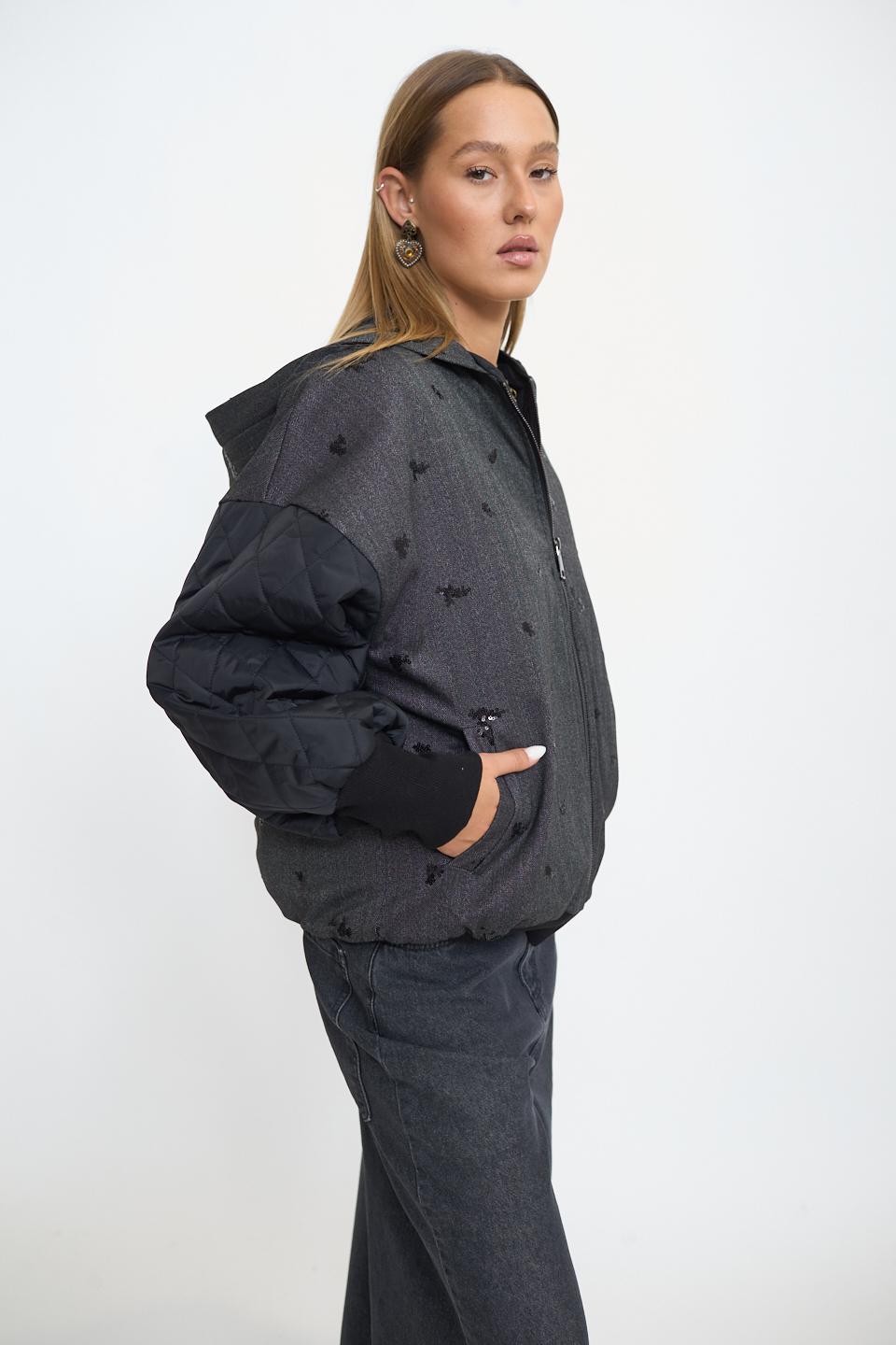 Bomber trapuntato ricami paillettes grigio/nero - Autunno - Inverno 2025 | Brend