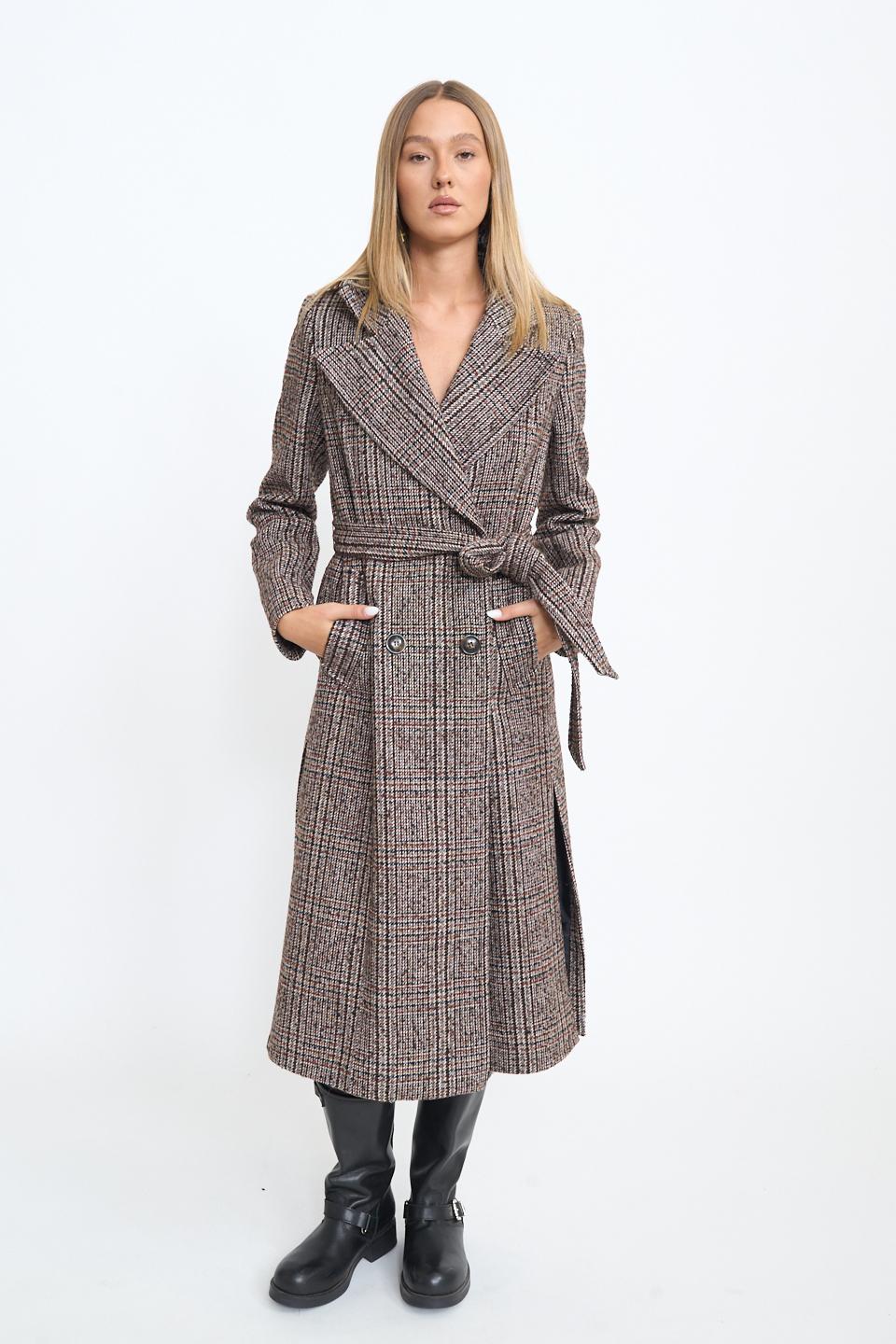 Cappotto doppio petto cinta check quadro bordeaux - Autunno - Inverno 2025 | Brend
