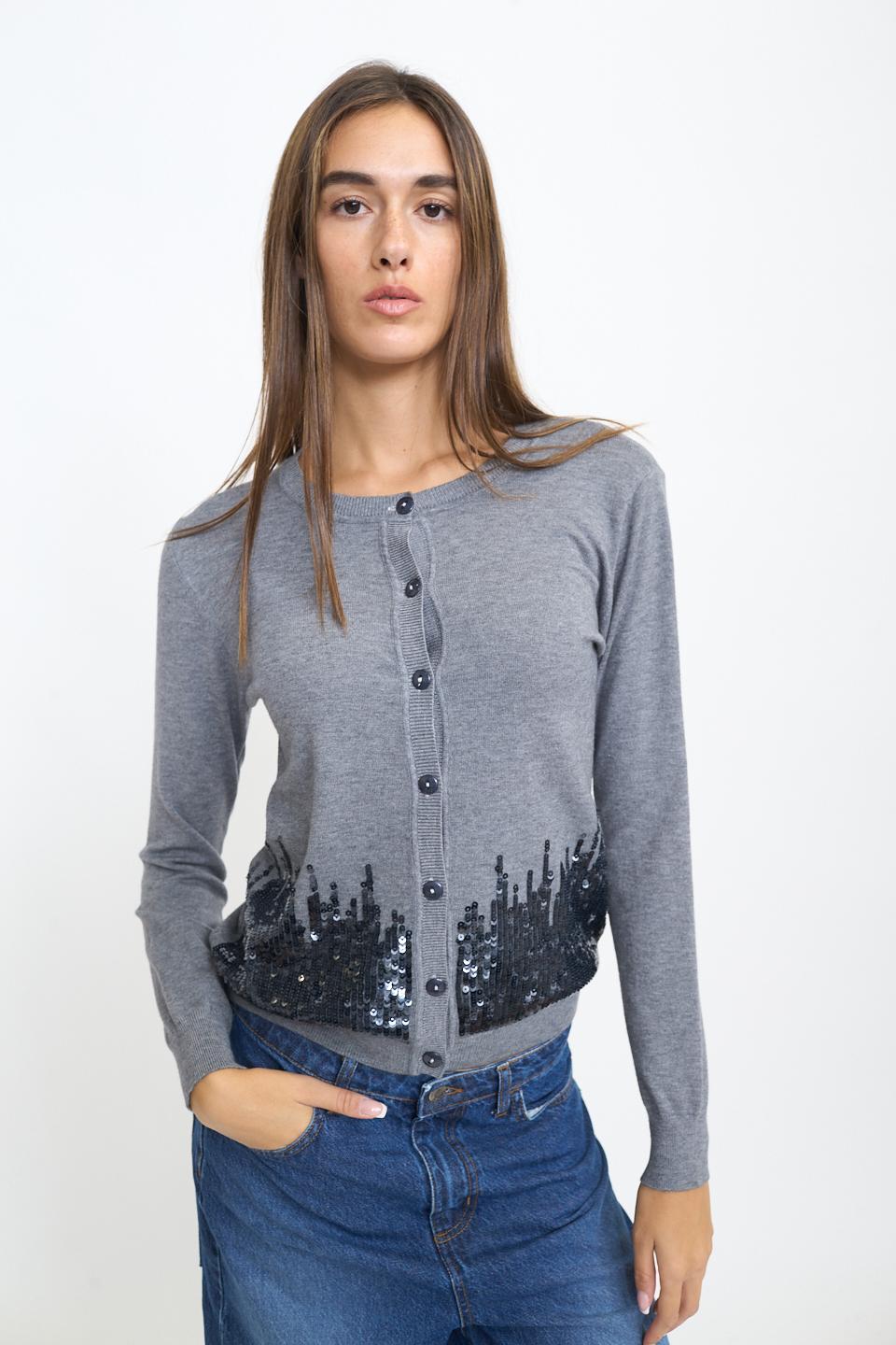 Cardigan scollo rotondo paillettes grigio melange - Autunno - Inverno 2025 | Brend