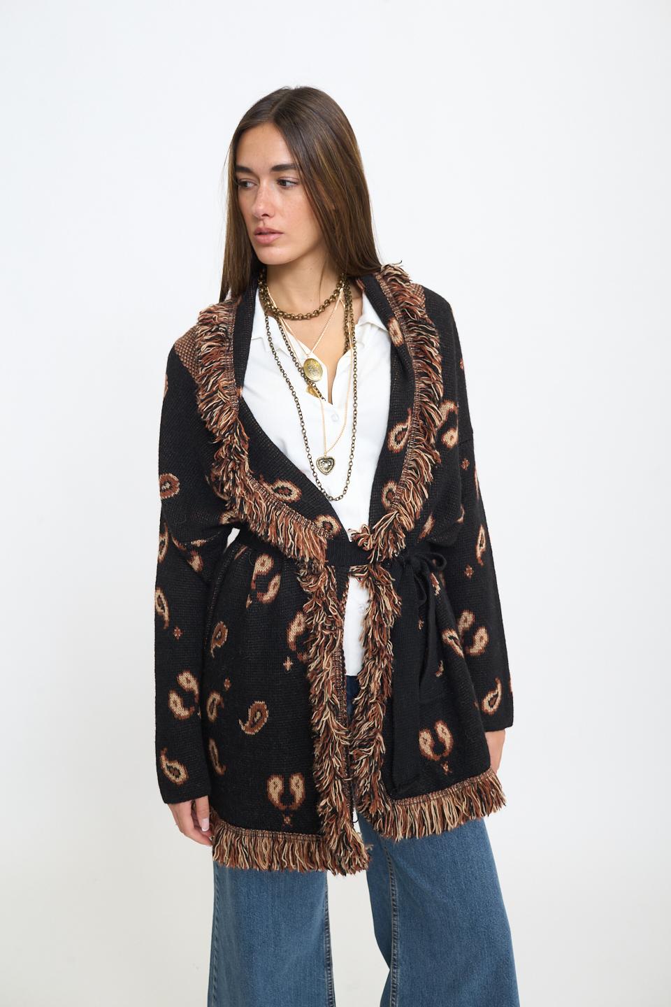Cardigan lungo frange paisley nero - Autunno - Inverno 2025 | Brend