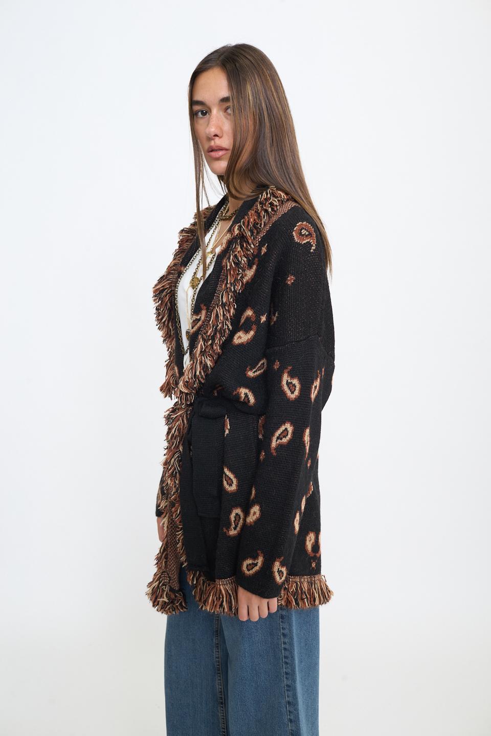Cardigan lungo frange paisley nero - Autunno - Inverno 2025 | Brend