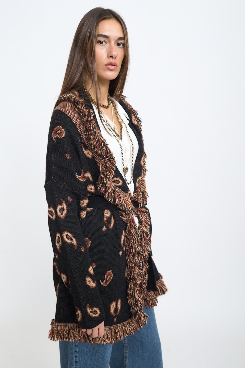 Cardigan lungo frange paisley nero - Autunno - Inverno 2025 | Brend