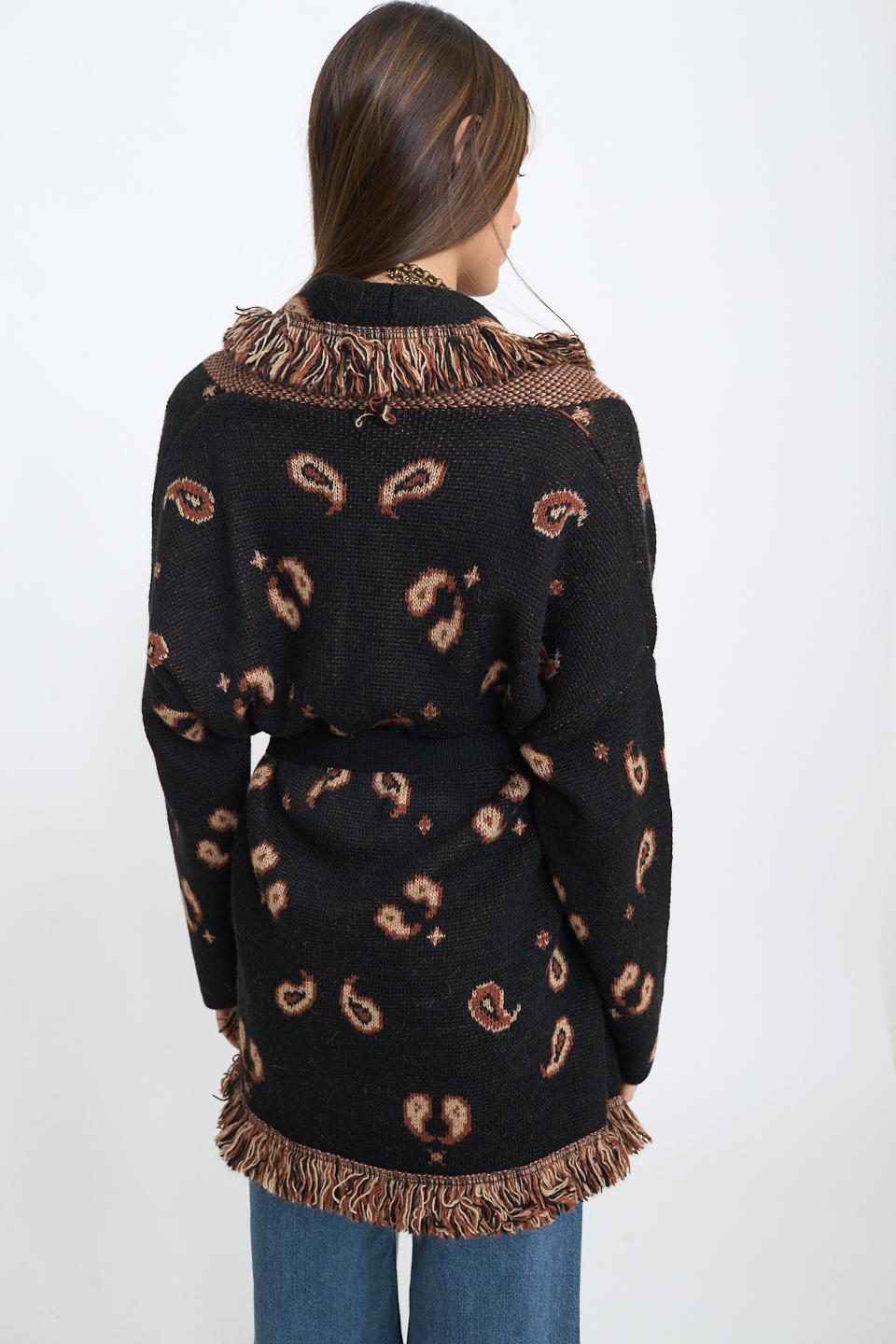 Cardigan lungo frange paisley nero - Autunno - Inverno 2025 | Brend