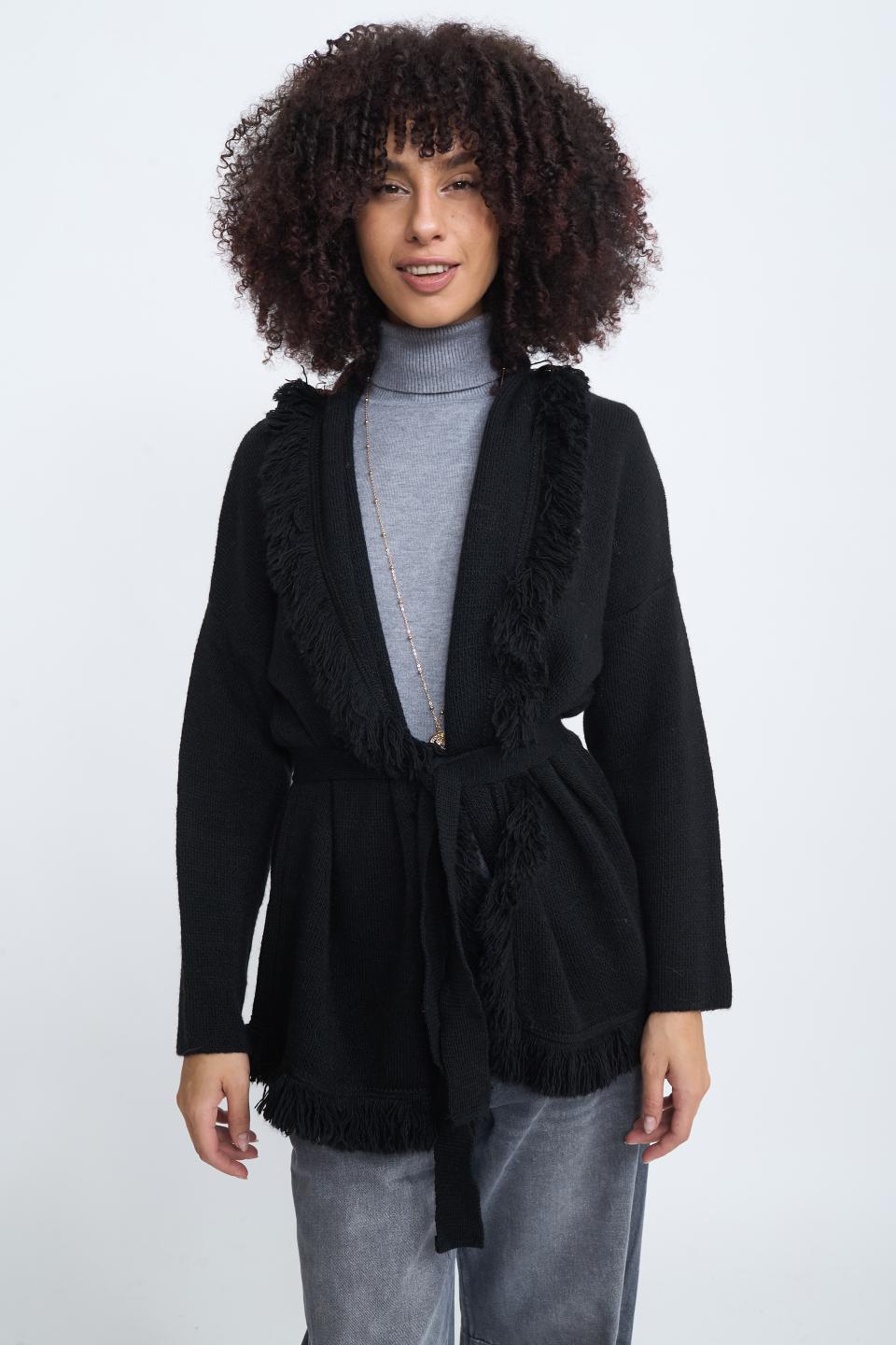 Cardigan lungo frange nero - Autunno - Inverno 2025 | Brend