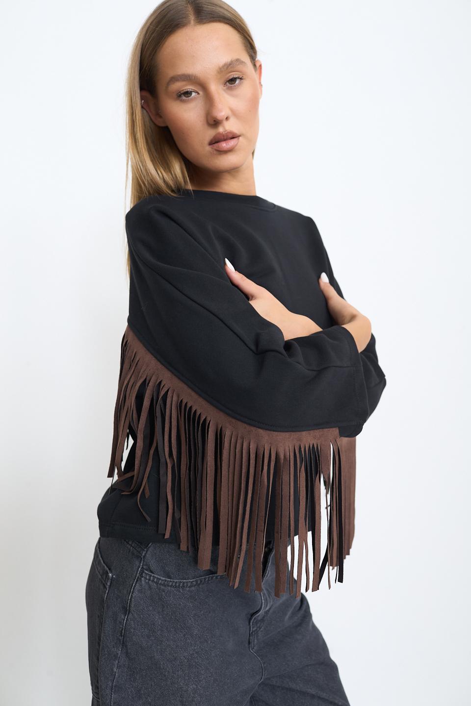 Felpa scollo rotondo frange nero - Autunno - Inverno 2025 | Brend