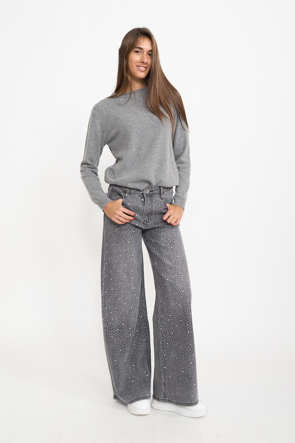 Jeans wide-leg strass denim grigio - Autunno - Inverno 2025 | Brend