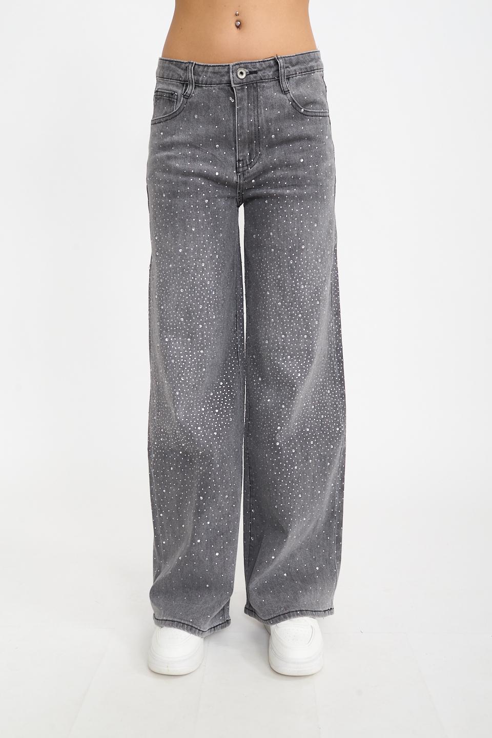 Jeans wide-leg strass denim grigio - Autunno - Inverno 2026 | Brend