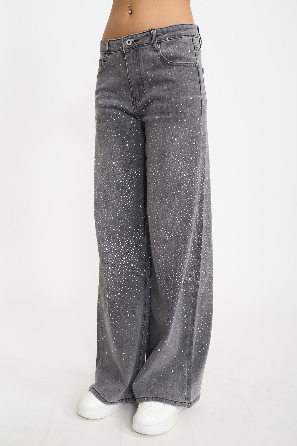 Jeans wide-leg strass denim grigio - Autunno - Inverno 2026 | Brend