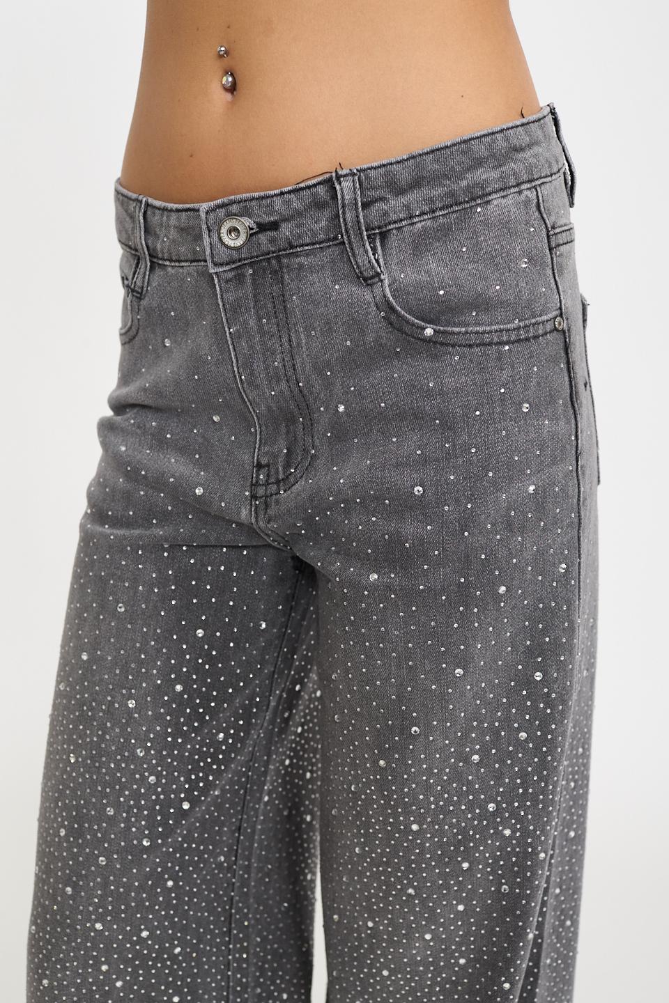 Jeans wide-leg strass denim grigio - Autunno - Inverno 2026 | Brend