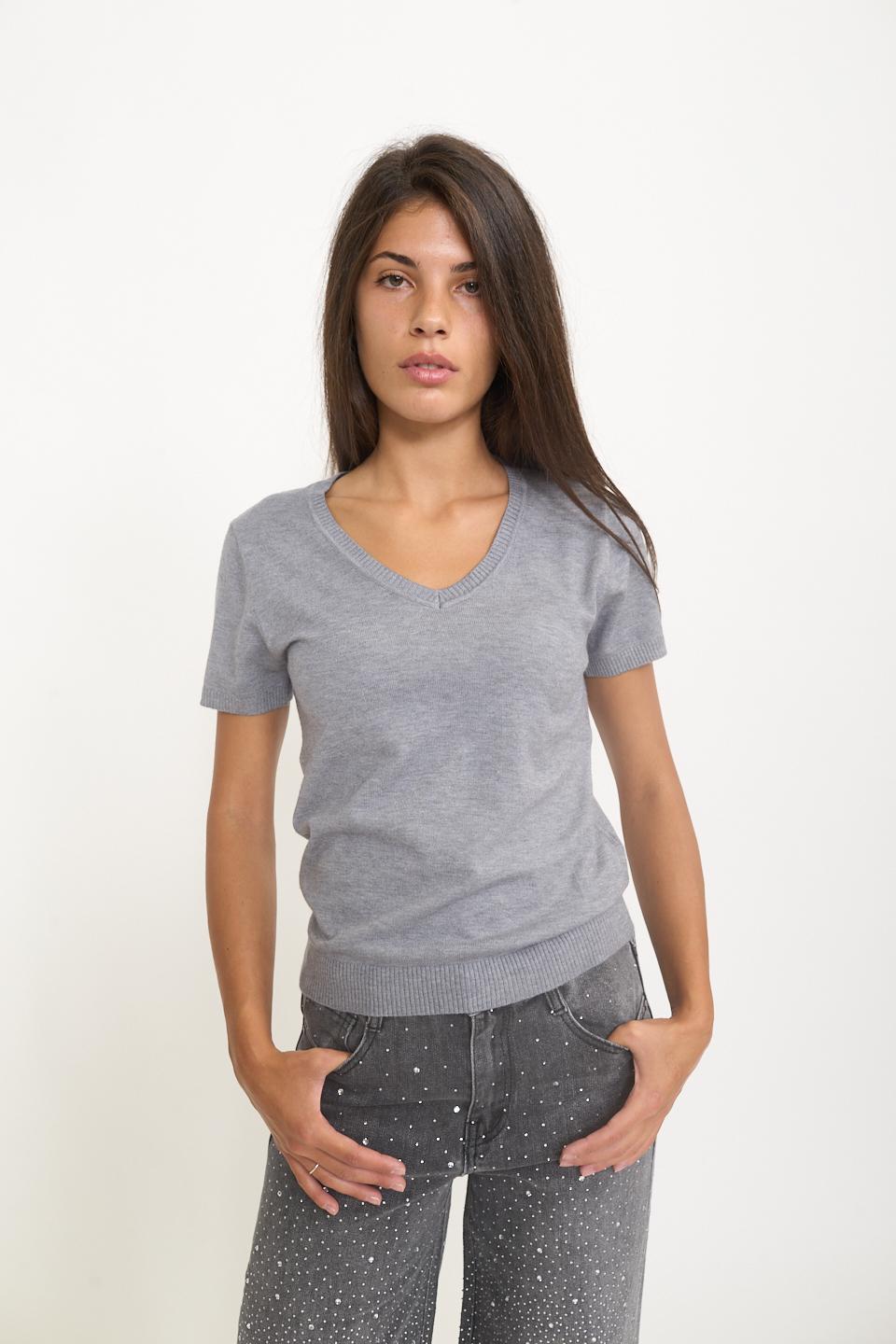 Maglia scollo V mezza manica grigio melange - Autunno - Inverno 2025 | Brend
