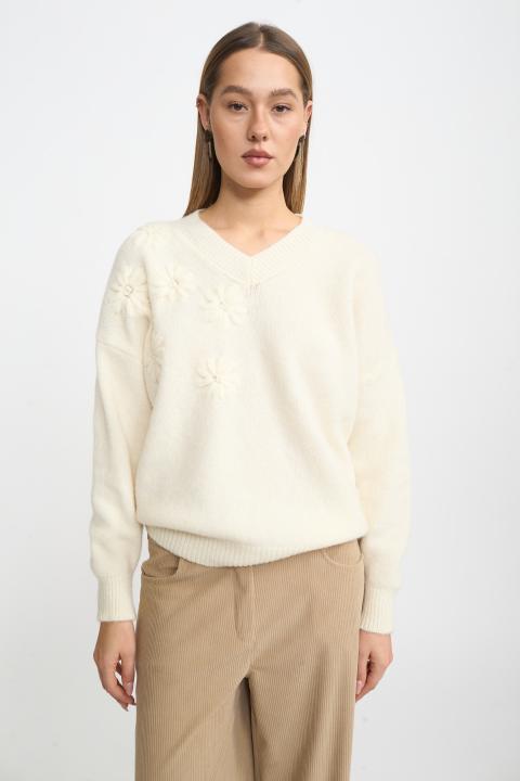 Maglia scollo V fiori panna - Autunno - Inverno 2025 | Brend