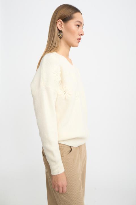 Maglia scollo V fiori panna - Autunno - Inverno 2025 | Brend