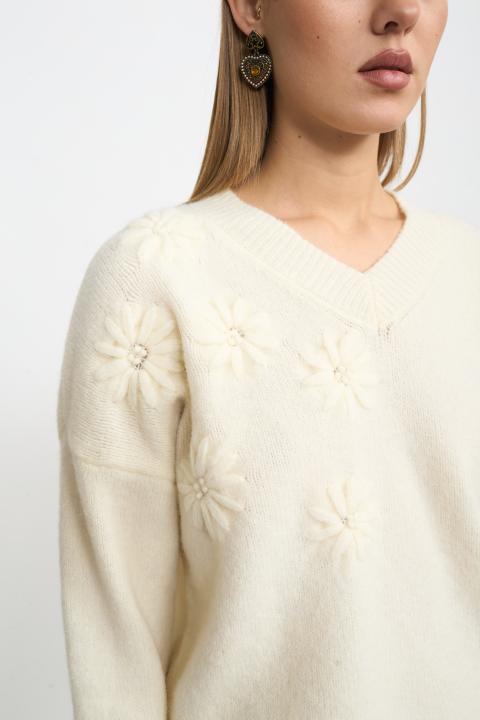 Maglia scollo V fiori panna - Autunno - Inverno 2025 | Brend