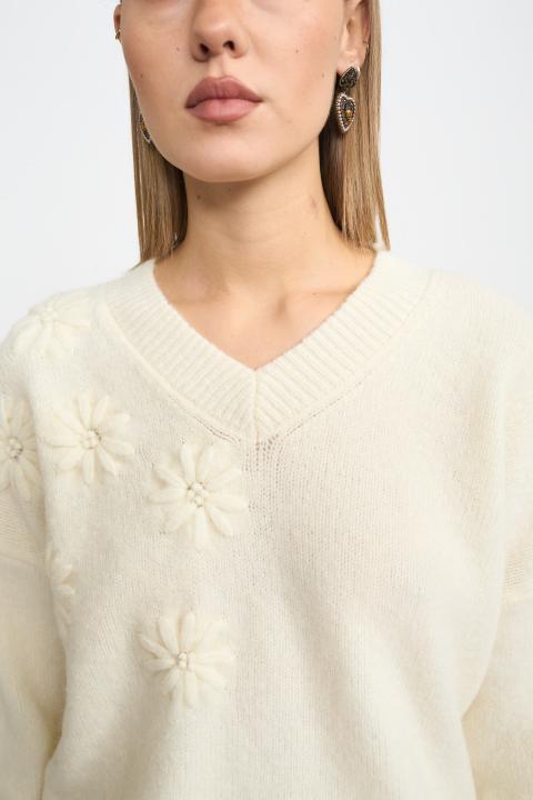Maglia scollo V fiori panna - Autunno - Inverno 2025 | Brend
