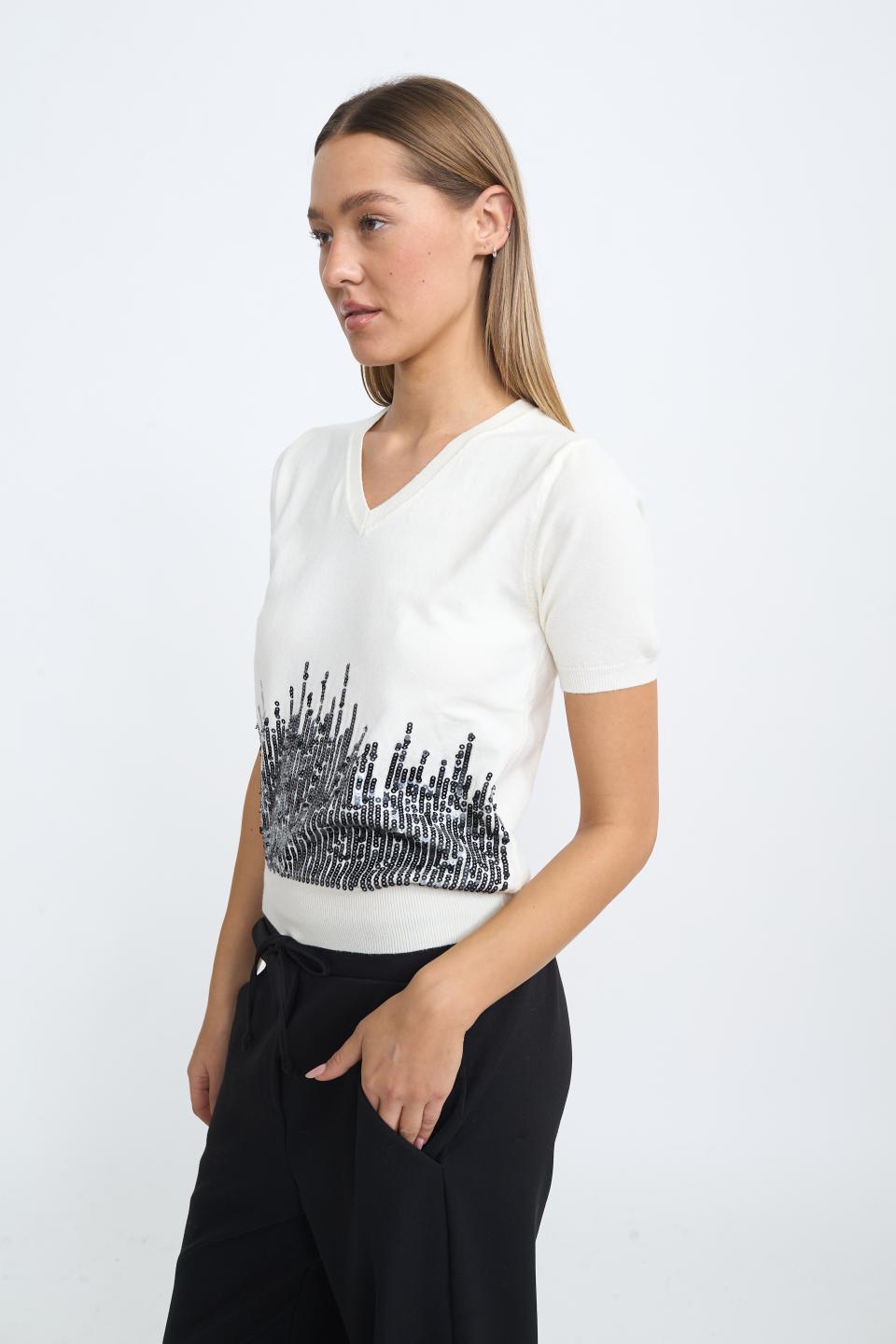 Maglia mezza manica paillettes panna - Autunno - Inverno 2025 | Brend