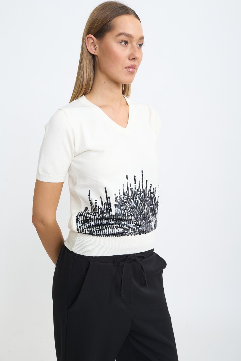 Maglia mezza manica paillettes panna - Autunno - Inverno 2025 | Brend