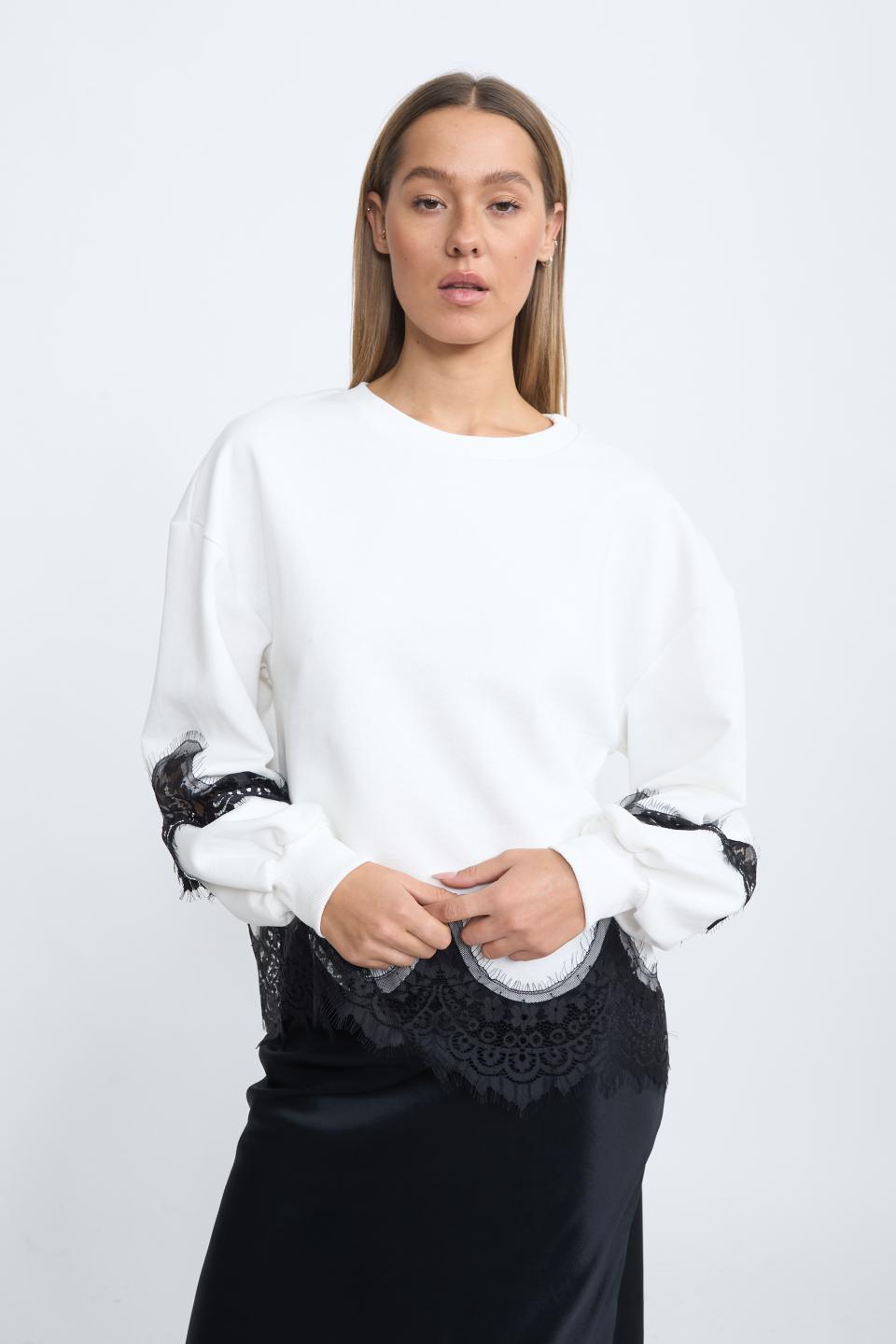 Felpa decori pizzo panna/nero - Autunno - Inverno 2025 | Brend