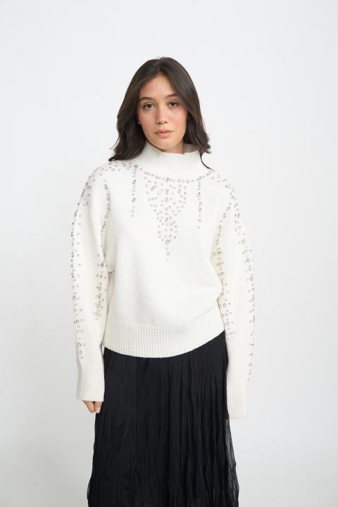 Maglia collo vulcano strass panna - Autunno - Inverno 2025 | Brend