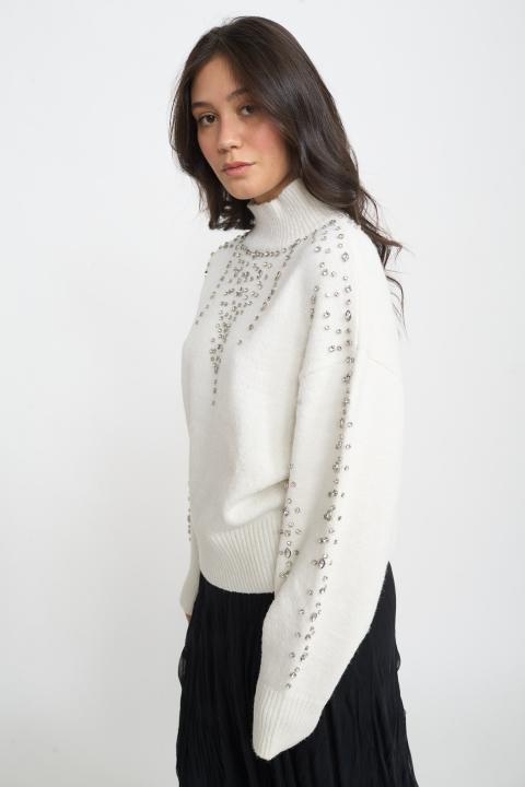 Maglia collo vulcano strass panna - Autunno - Inverno 2025 | Brend