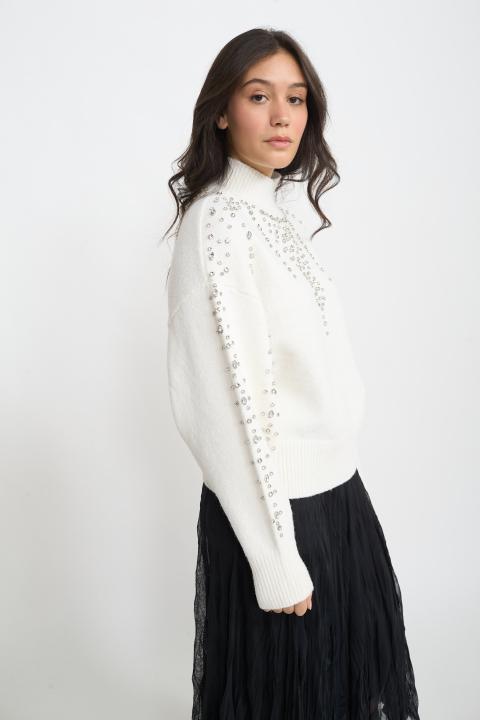 Maglia collo vulcano strass panna - Autunno - Inverno 2025 | Brend
