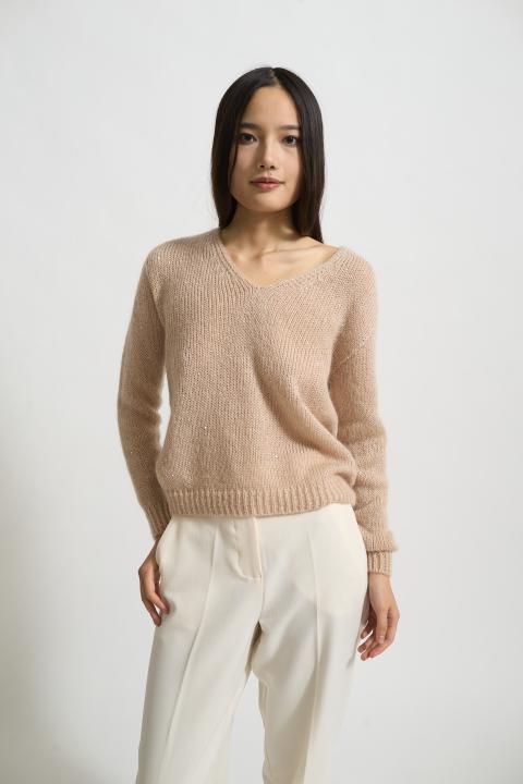 Maglia scollo v paillettes beige - Autunno - Inverno 2025 | Brend