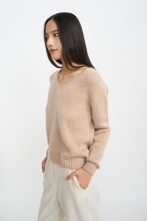 Maglia scollo v paillettes beige - Autunno - Inverno 2025 | Brend