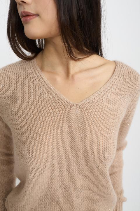 Maglia scollo v paillettes beige - Autunno - Inverno 2025 | Brend