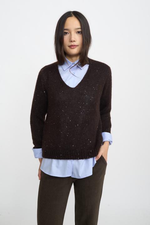 Maglia scollo v paillettes cioccolato fondente - Autunno - Inverno 2025 | Brend
