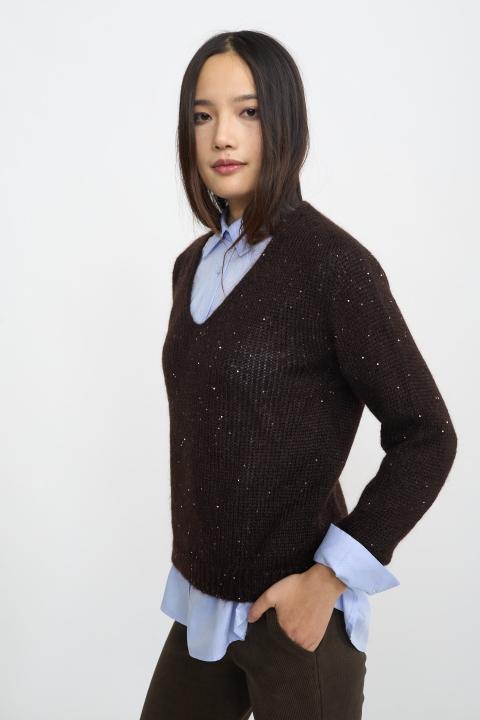 Maglia scollo v paillettes cioccolato fondente - Autunno - Inverno 2025 | Brend