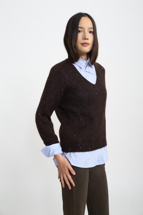 Maglia scollo v paillettes cioccolato fondente - Autunno - Inverno 2025 | Brend