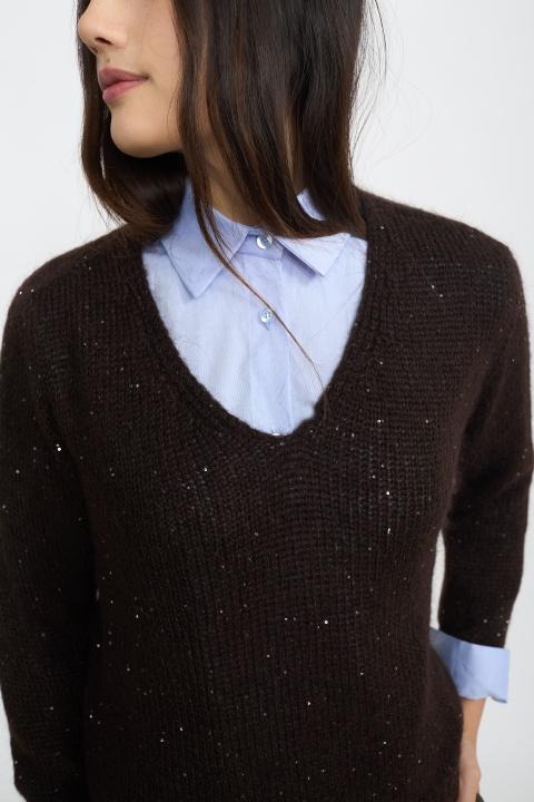 Maglia scollo v paillettes cioccolato fondente - Autunno - Inverno 2025 | Brend