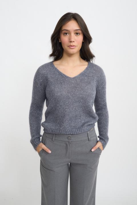 Maglia scollo v paillettes grigio melange - Autunno - Inverno 2025 | Brend