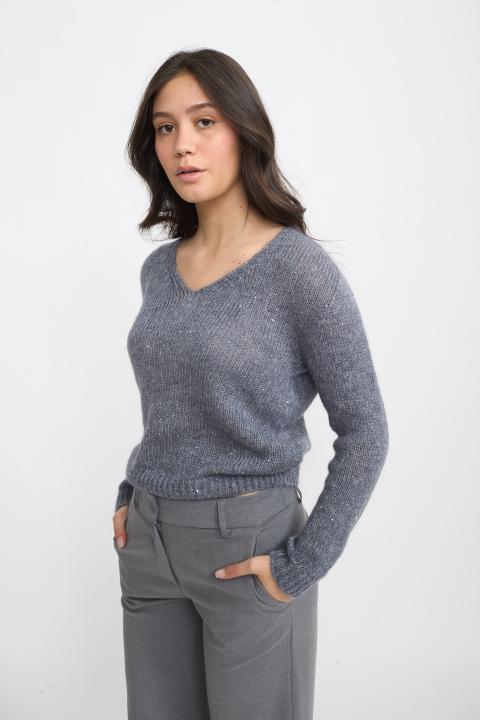 Maglia scollo v paillettes grigio melange - Autunno - Inverno 2025 | Brend