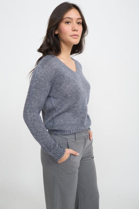 Maglia scollo v paillettes grigio melange - Autunno - Inverno 2025 | Brend