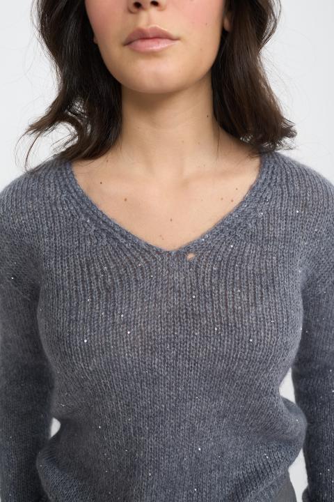 Maglia scollo v paillettes grigio melange - Autunno - Inverno 2025 | Brend