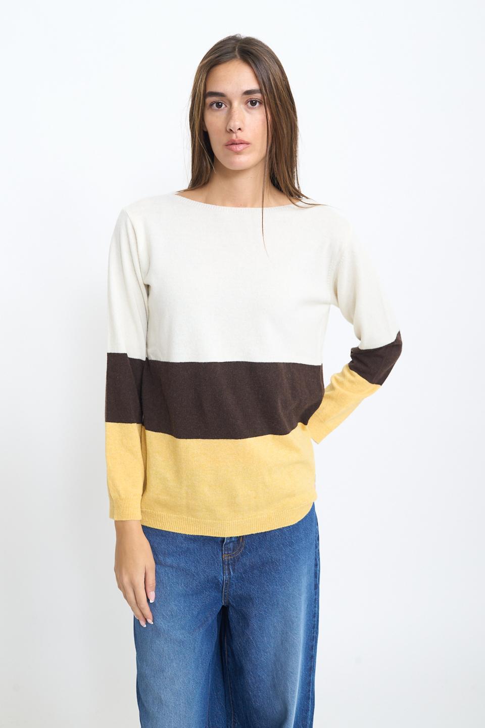 Maglia paricollo bicolor panna / rigo marrone/senape - Autunno - Inverno 2025 | Brend