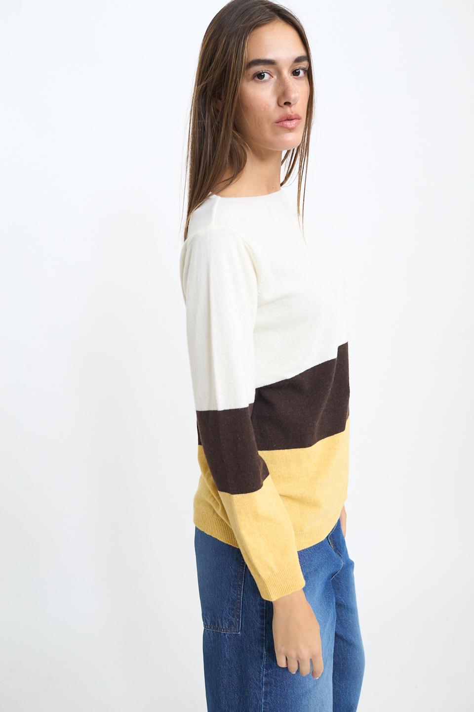 Maglia paricollo bicolor panna / rigo marrone/senape - Autunno - Inverno 2025 | Brend