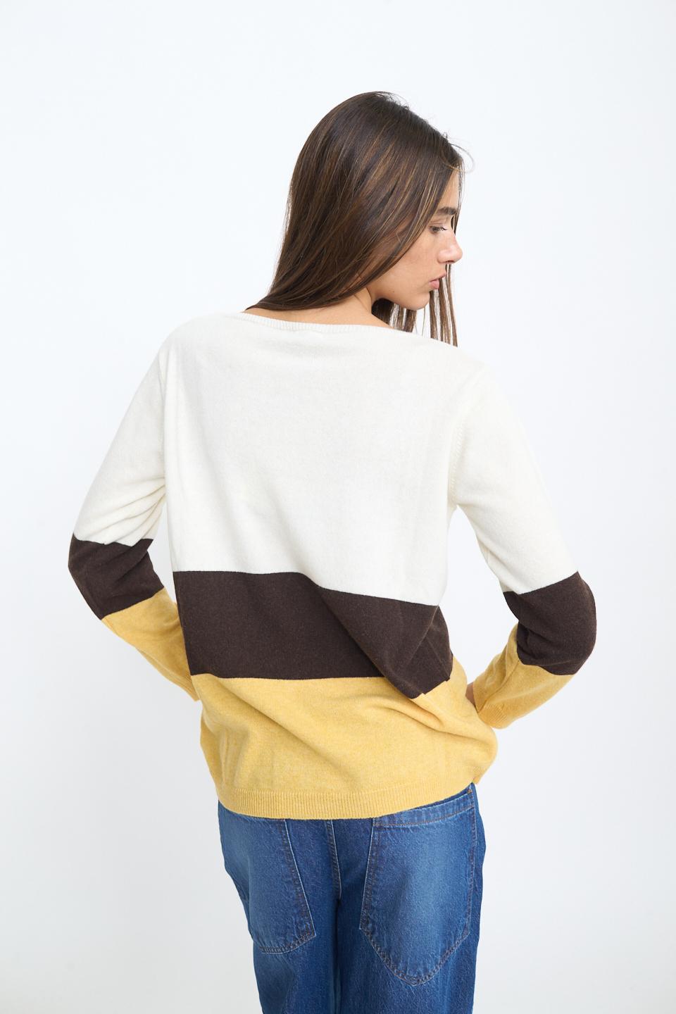 Maglia paricollo bicolor panna / rigo marrone/senape - Autunno - Inverno 2025 | Brend