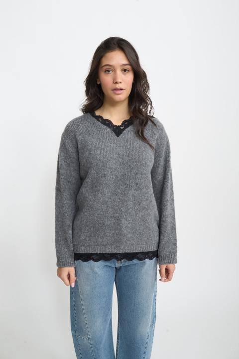 Maglia scollo V pizzo grigio m. - Autunno - Inverno 2025 | Brend