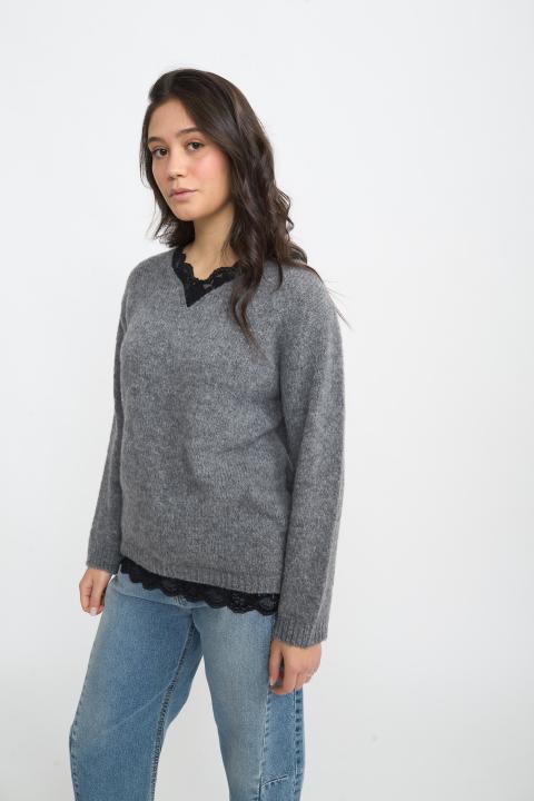 Maglia scollo V pizzo grigio m. - Autunno - Inverno 2025 | Brend