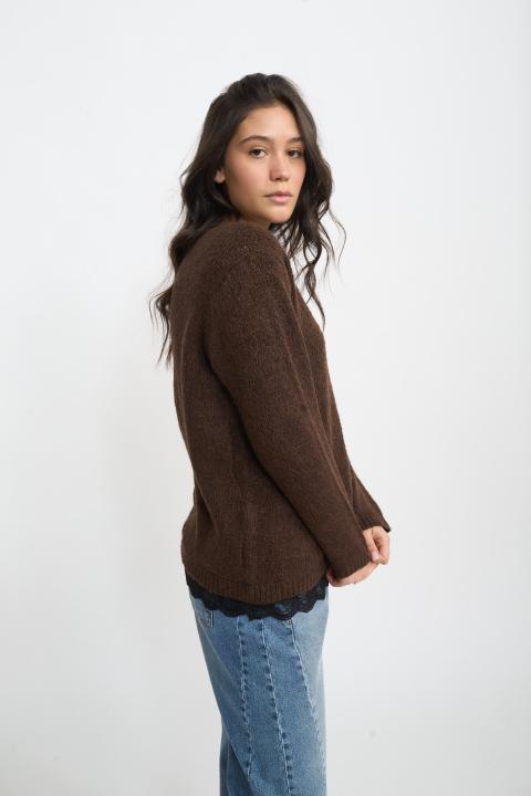 Maglia scollo V pizzo marrone - Autunno - Inverno 2025 | Brend